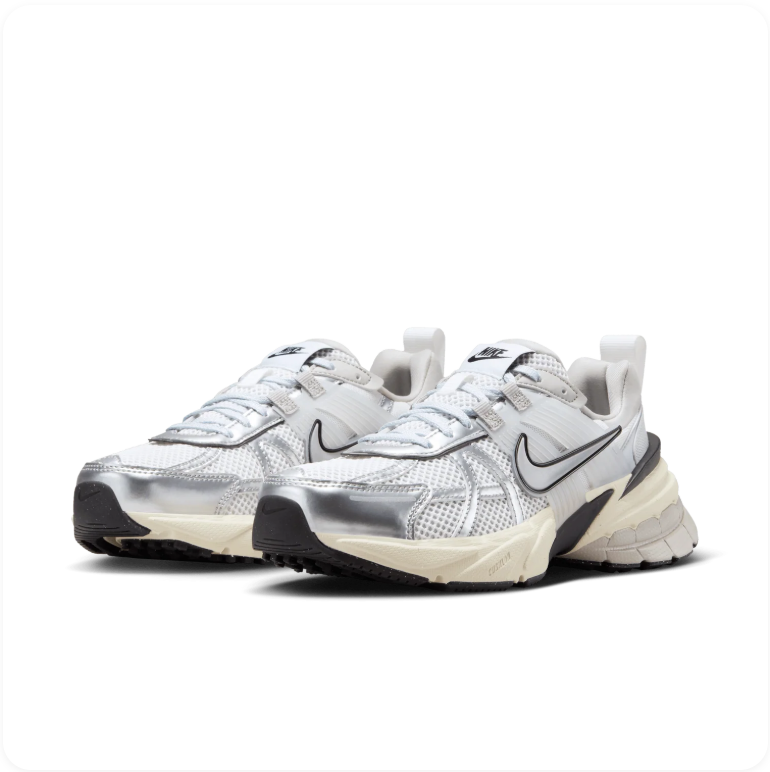 Nike V2K Run White Metallic Silver Sail – pair front angle view