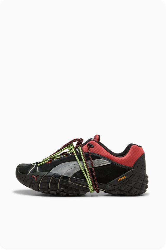 Puma Relik Black Coral Red Vibram – side profile view showing rope laces and reflective FormStripe
