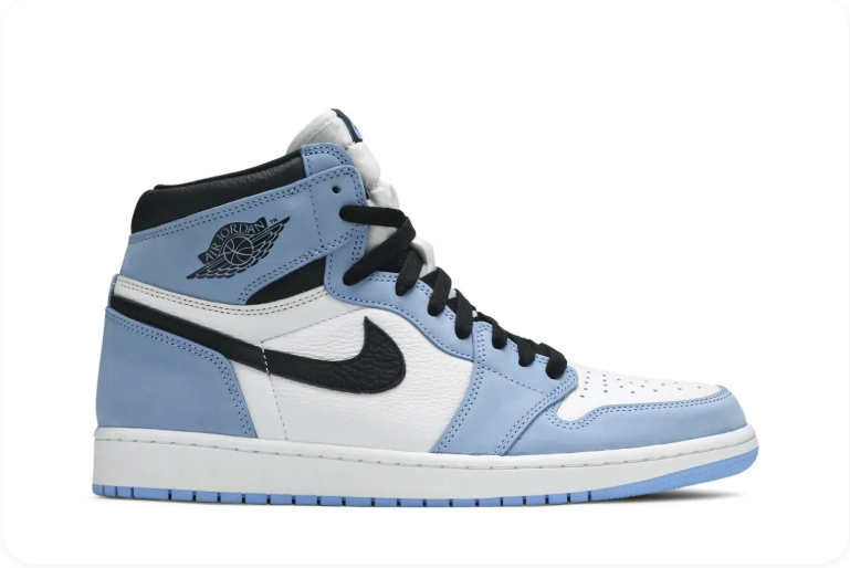 Air Jordan 1 Retro High OG University Blue – side profile view showing black Swoosh and blue outsole