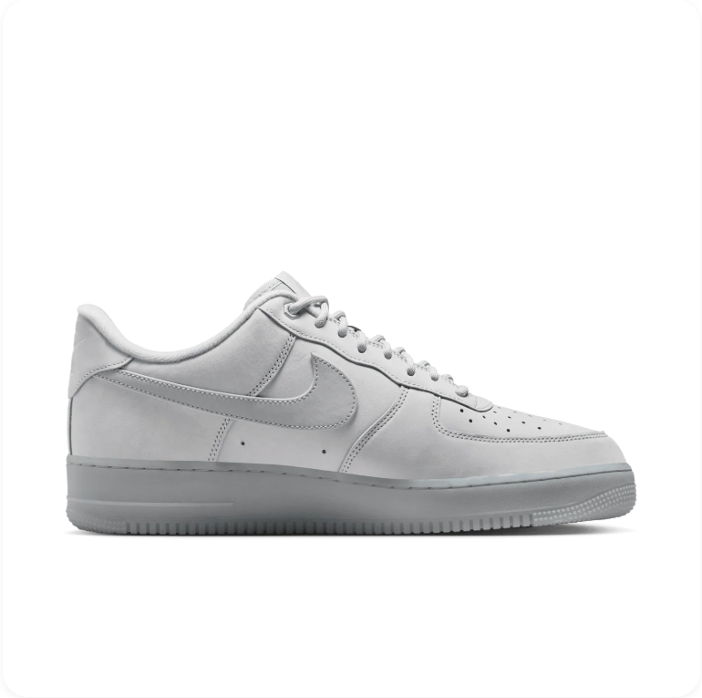 Nike Air Force 1 Low 07 White Wolf Grey Icy Sole – side profile view grey tonal
