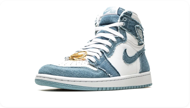Air Jordan 1 Retro High OG Washed Denim Gold Chain – front three-quarter angle showing gold chain and frayed denim detail