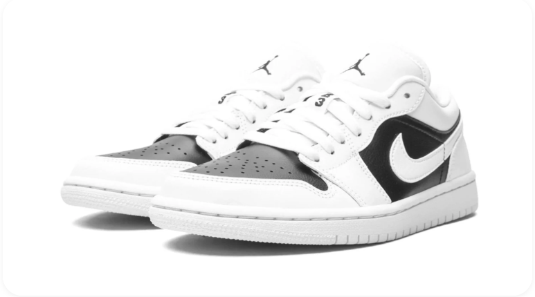 Air Jordan 1 Low White Black Shadow Grey – pair front angle showing tri-color upper and grey toe box