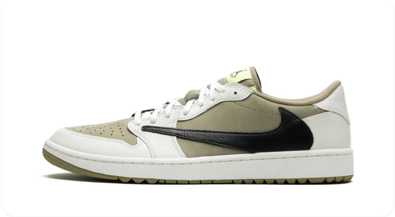 Air Jordan 1 Low Golf Neutral Olive – side profile view showing black Swoosh and spikeless golf outsole