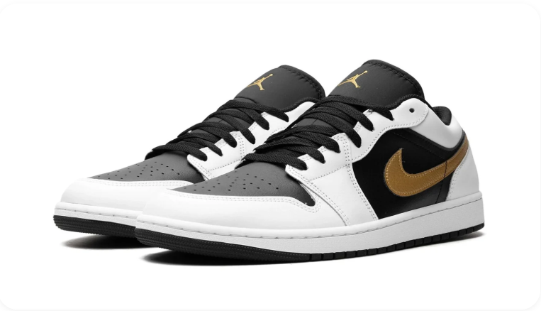 Air Jordan 1 Low White Shadow Metallic Gold – pair side view showing shadow grey toe box and gold Jumpman logo