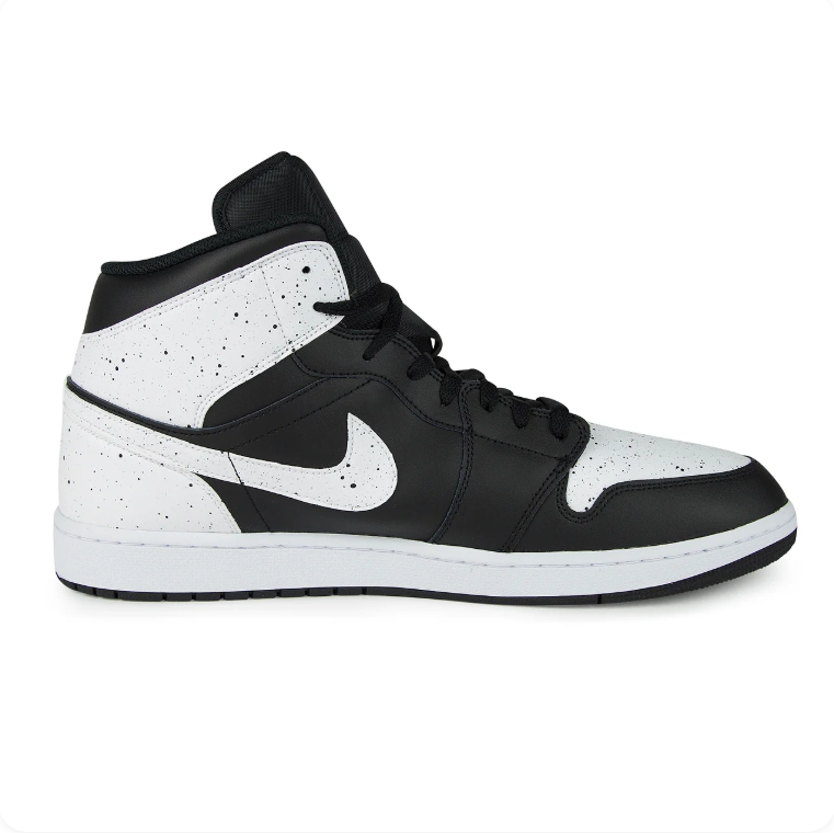 Air Jordan 1 Mid SE Black White Speckle – alternate side profile view showing full speckle upper and white Swoosh