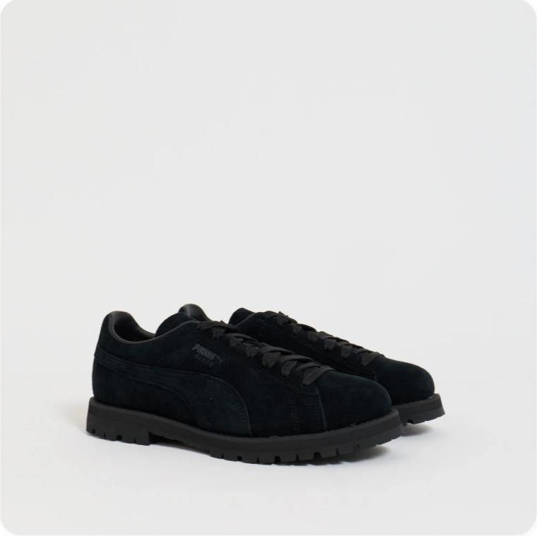 Puma Roma Triple Black Suede Lug Sole – pair front angle view showing lug outsole