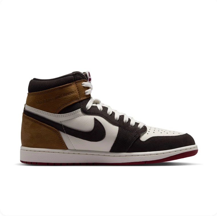 Air Jordan 1 Retro High OG Rookie of the Year – side profile view showing honey brown collar and crimson outsole