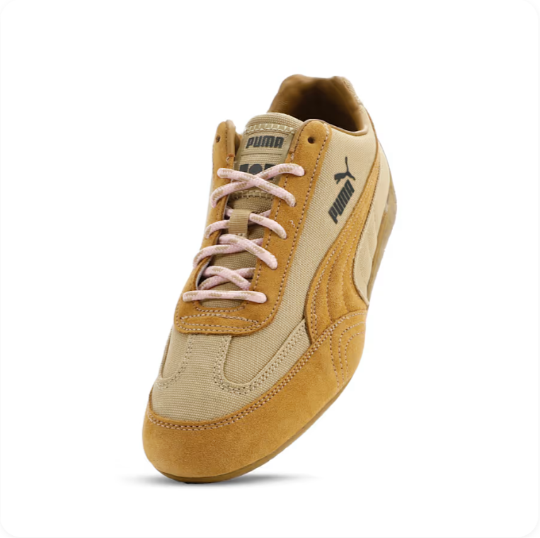 Puma Speedcat OG Wheat Sand Pink Lace – front three-quarter angle view showing pink laces and canvas texture