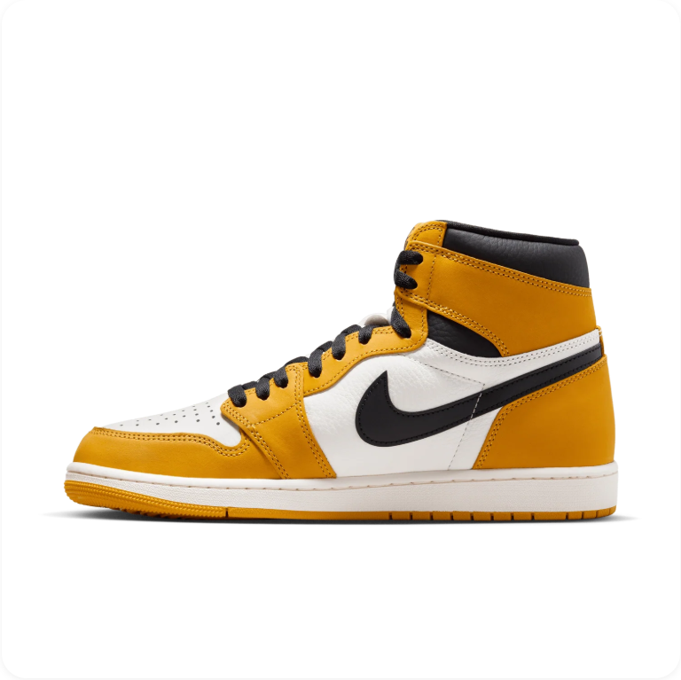 Air Jordan 1 Retro High OG Yellow Ochre – side profile view showing black Swoosh and tri-color upper