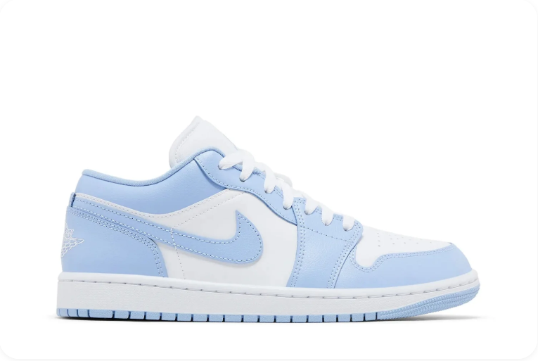 Air Jordan 1 Low Ice Blue White – side profile view showing tonal blue Swoosh and white midsole