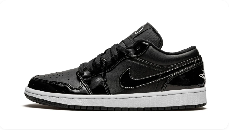 Air Jordan 1 Low SE Black Patent Leather – side profile view showing tonal Swoosh and white midsole